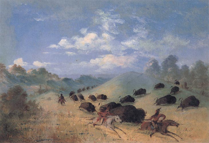 George Catlin Comanche Indians Chasing Buffalo with Lances and Bows